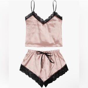 Women's Pink Satin Lace Trim Cami Top and Shorts Pajama Set